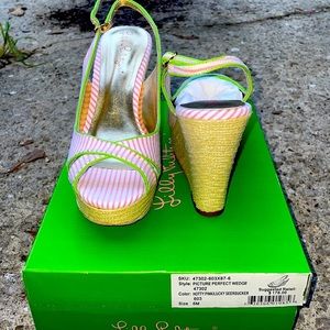 Lilly Pulitzer Picture Perfect Espadrille Wedge - Pink Seersucker - Size 6 - NWB